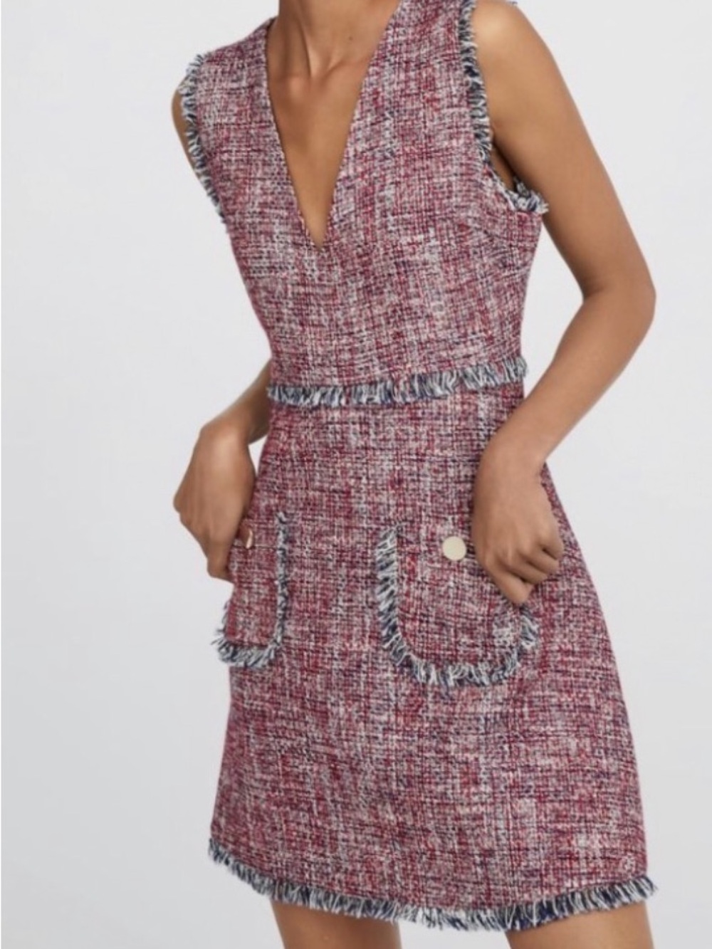 Zara Iconic Sleeveless Tweed Pinafore Shift Dress in Burgundy, Navy and White